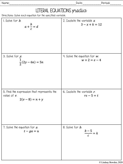 literal equations notes  worksheets lindsay bowden