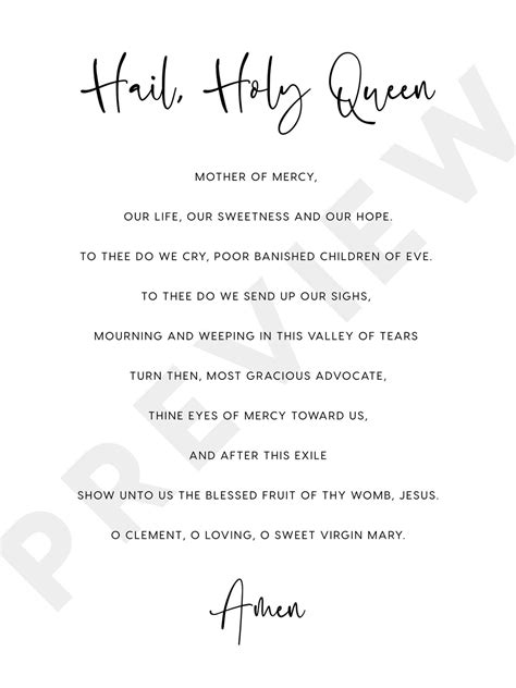 hail holy queen prayer poster instant  printable etsy