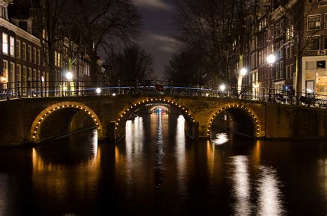 bridge  canals  night amsterdam netherlands image  stock photo public domain
