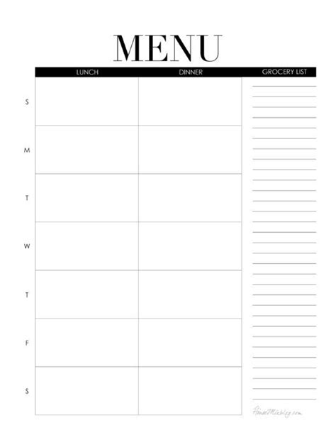 dinner idea list  menu weekly menu printable lunch chart weekly menu