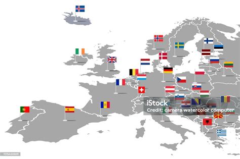 karta oever europa med lands flaggor vektorgrafik och fler bilder pa