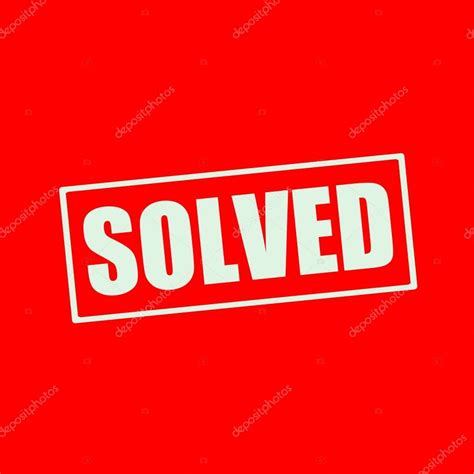 solved white wording  rectangle red background stock photo