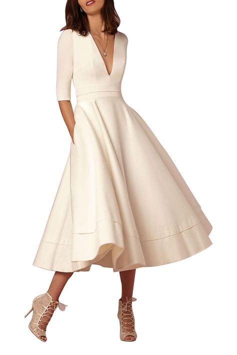 sexy  neck  sleeve mother   bride dresses tea length  pockets pleat satin wedding