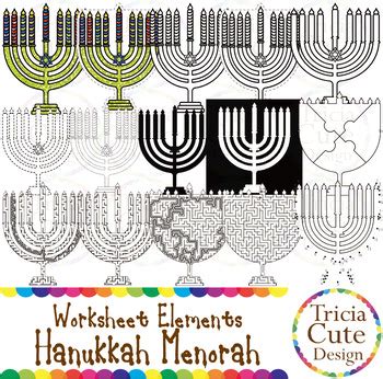 hanukkah menorah worksheet elements clip art  tracing cutting puzzle