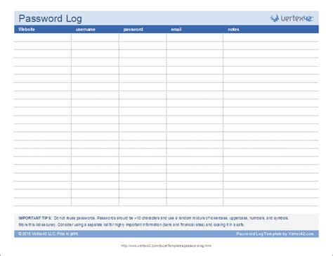 printable password log landscape   vertexcom