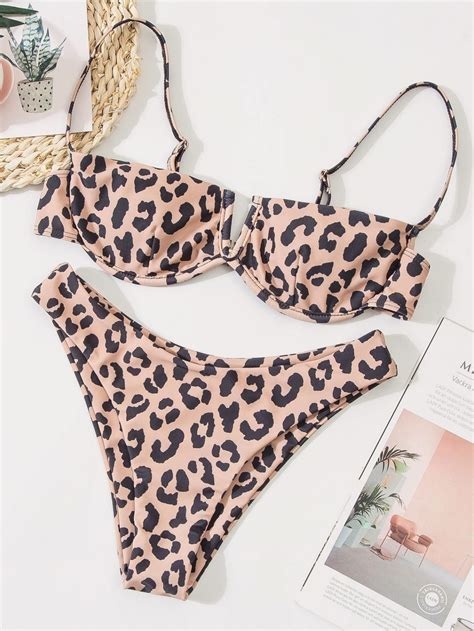 bikini swimsuit bikini digital print sexy leopard split v top swimsuit