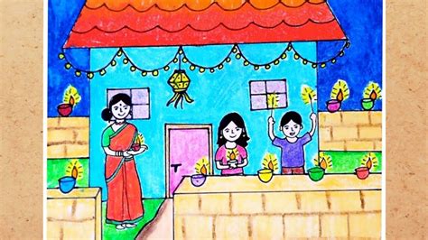 diwali scene drawing easy magic pau