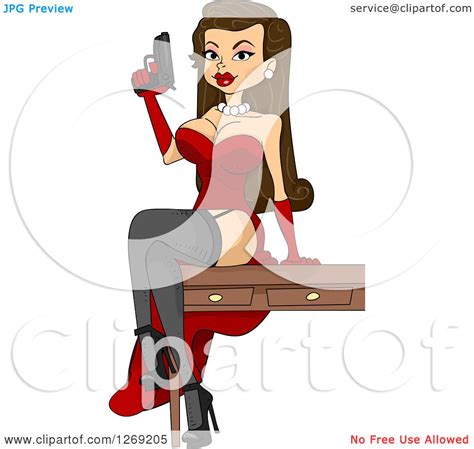 clipart of a sexy brunette caucasian mafia mistress woman sitting on a table and holding a gun