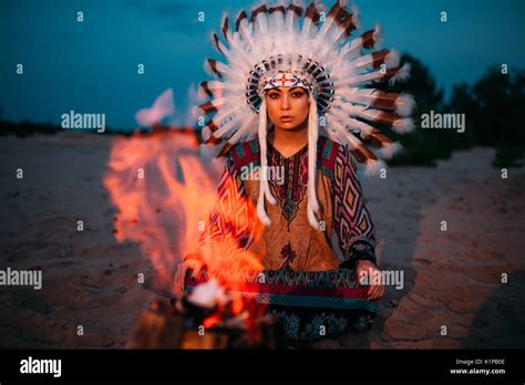 American Indian Girl Against Bonfire In The Night Female Shaman
