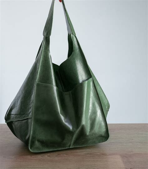 green leather tote bag slouchy tote dark green handbag  etsy