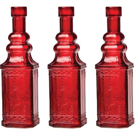Small Vintage Bottle Set 6 5 Inch Square Design Red Colored Glass