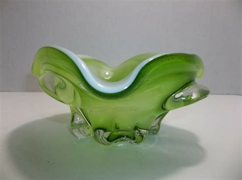 Vintage Murano Art Glass Bowl Pin Tray Ashtray Green White Art Glass