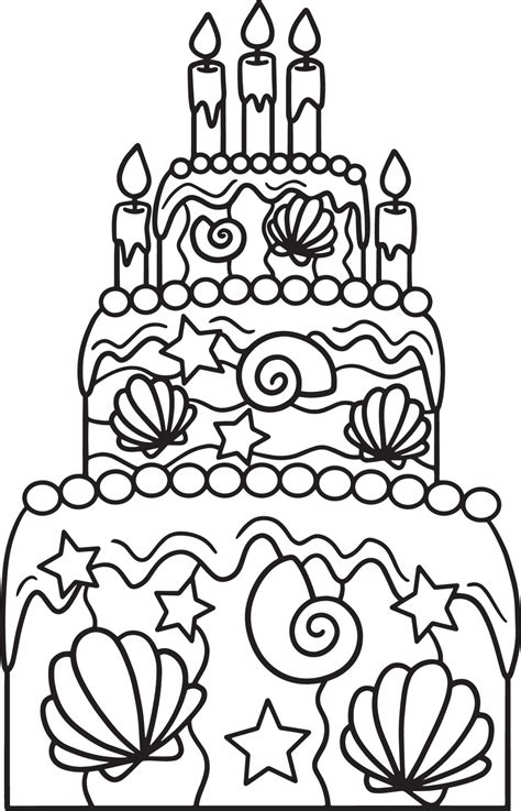 mermaid birthday cake isolated coloring page  vector art  vecteezy