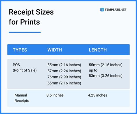 receipt size dimension inches mm cms pixel
