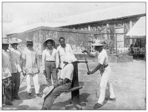 Antique Black And White Photograph Garrote Execution Philippines Stock