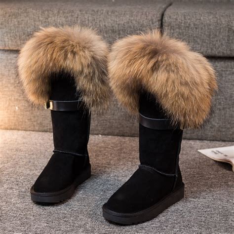 luxury womens fox fur boots fluffy tall suede winter boots