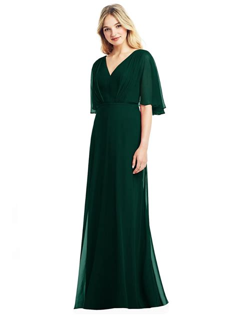 Long Flutter Sleeve Chiffon Dress With Pleat Detail Long Green