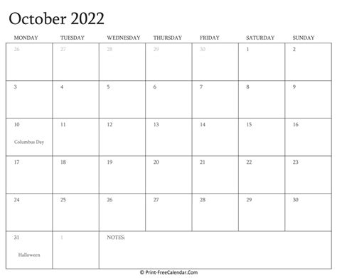printable october calendar   holidays