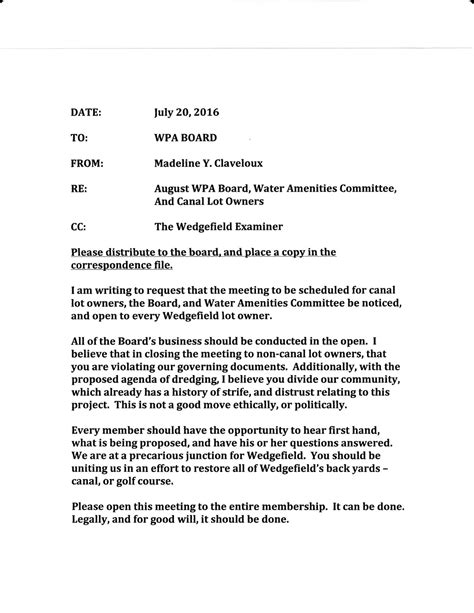 wedgefield examiner  resident letter   board requesting