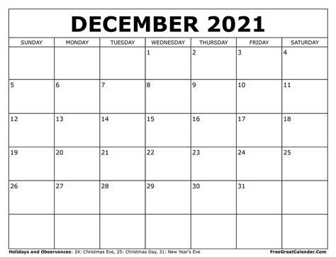 printable december  calendar