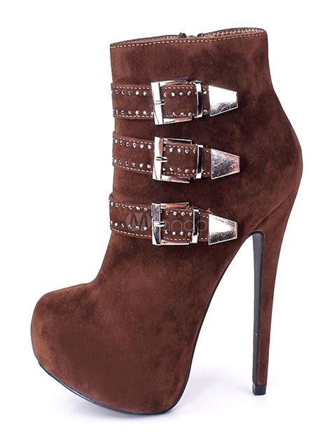 women s suede booties pointed toe stiletto buckles decor platform high