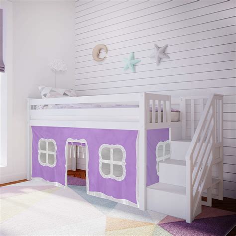 Buy Max And Lily Twin Low Loft Bed With Stairs And Purple Curtains White