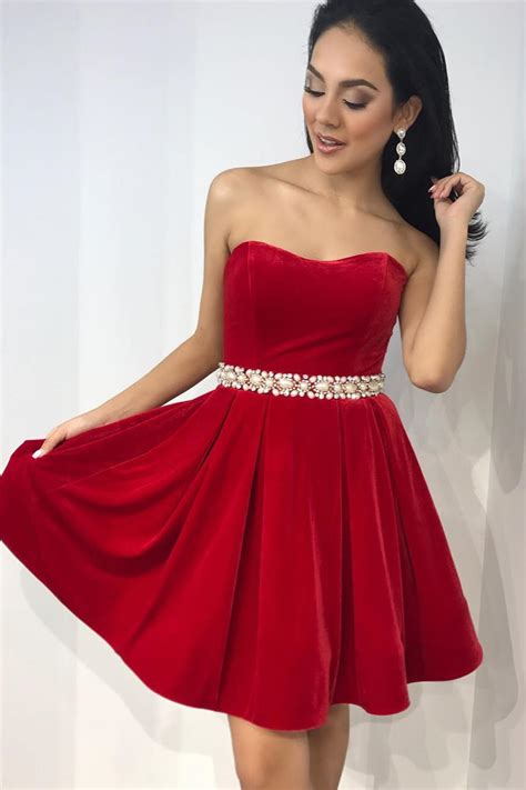 Strapless Red Velvet Short Prom Dress Homecoming Dress