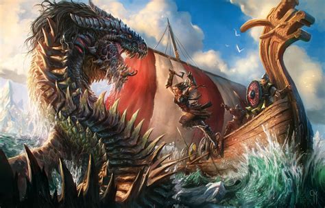 brown viking illustration fantasy art dragon ship warrior hd