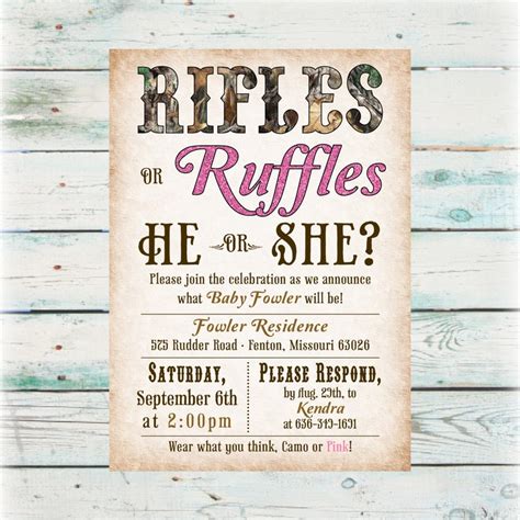 Printable Rifles Or Ruffles Gender Reveal Party Invitation