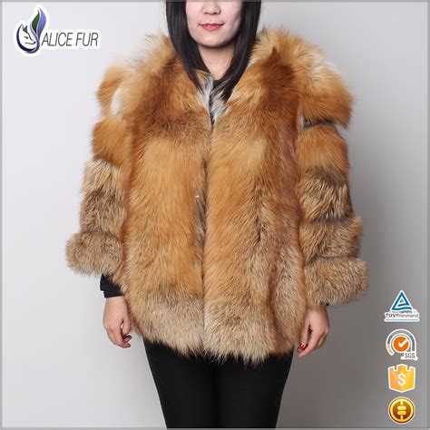 top women fox fur coat  real natural red fur jacket overcoat full sleeve  neck winter
