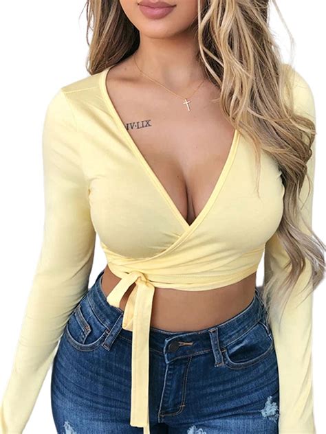 lookwoild women wrap tie  crop tops deep  neck long sleeve casual tight strappy blouses