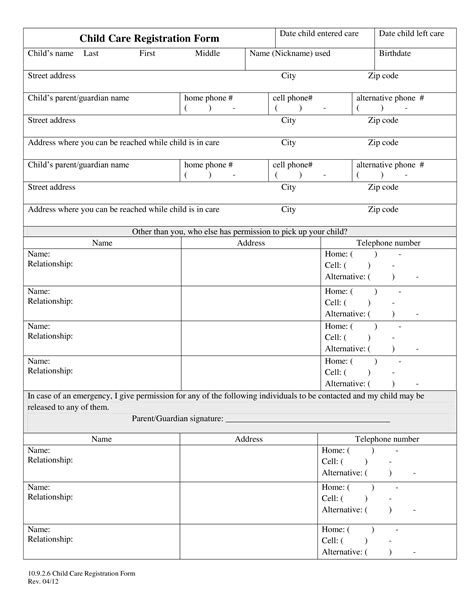 printable childcare registration form templates