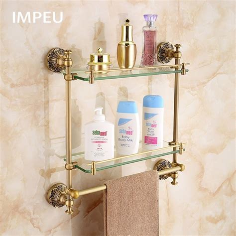 Double Bathroom Glass Shelf With Towel Bar Lavatory Two Tiers Tempered