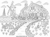Coloring Landscape Farm House Rural Zentangle Adult Vector Windmill sketch template