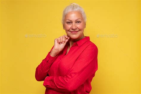 Smiling Middle Aged Mature Beautiful Woman Looking At Camera Stock