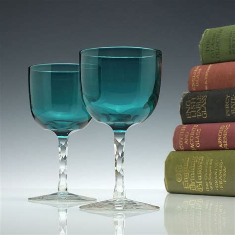 Pair Of Antique Victorian Facet Stem Green Wine Glasses