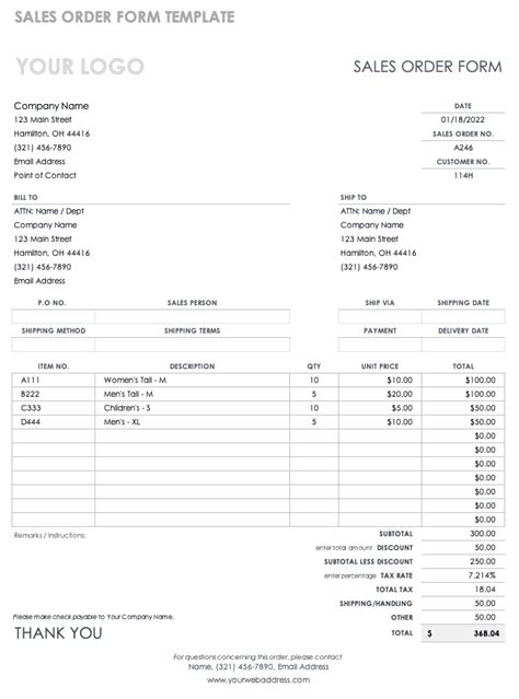 order form excel template