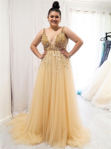 a line v neck sequins beaded gold long prom dresses plus size evening