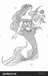 Mermaid Coloring Illustration Holding Flower Pages Shutterstock Colouring sketch template
