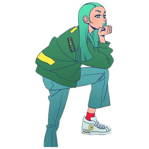 A Drawing Of A Person With Green Hair And Blue Pants Holding Their