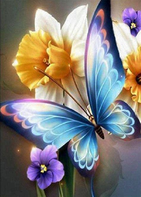 diamond painting blauwe vlinder tussen bloemen