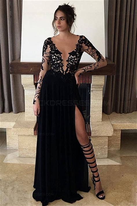 Long Black Lace Chiffon Prom Dresses Party Evening Gowns