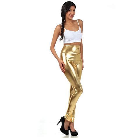 Women Sexy Elastic High Waisted Pants Thin Leather Gold