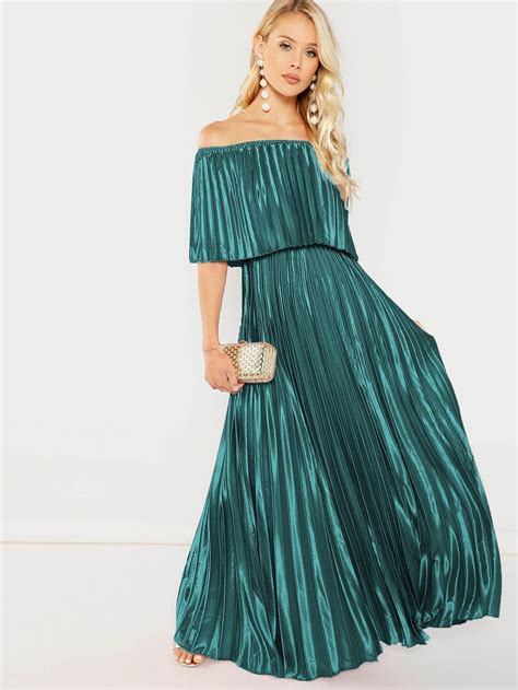 flounce bardot pleated satin maxi prom dress maxi dress