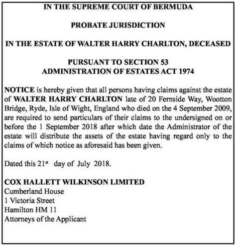 estate of walter harry charlton notice of claims the royal gazette