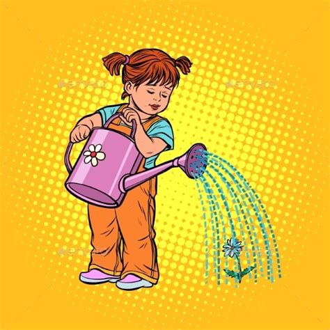 Girl Watering A Flower Retro Vector Illustration Retro Vector