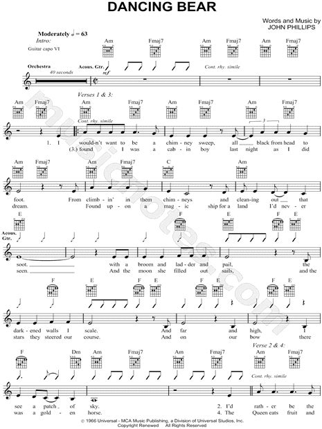 the mamas and the papas dancing bear sheet music leadsheet in c major