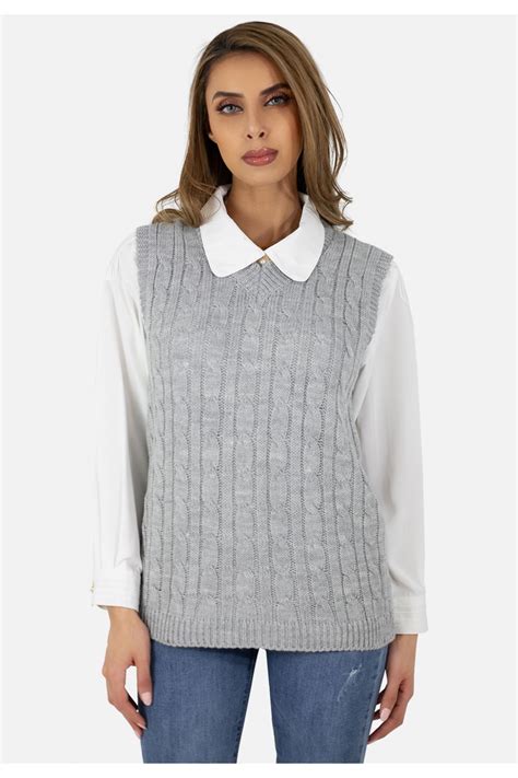pull sans manches en tricot torsade pas cher kebello  couleur gris
