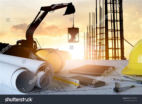 desk civil engineer background silhouette excavator stock photo