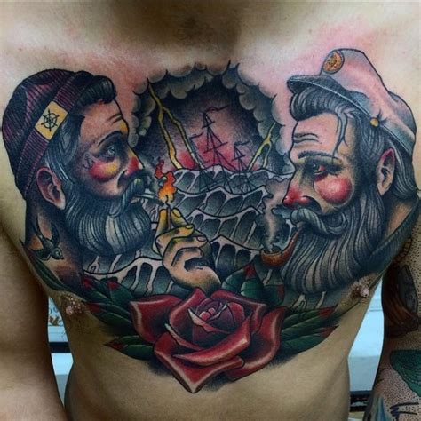 old school style colored smoking sailors with flower and ship tattoo on